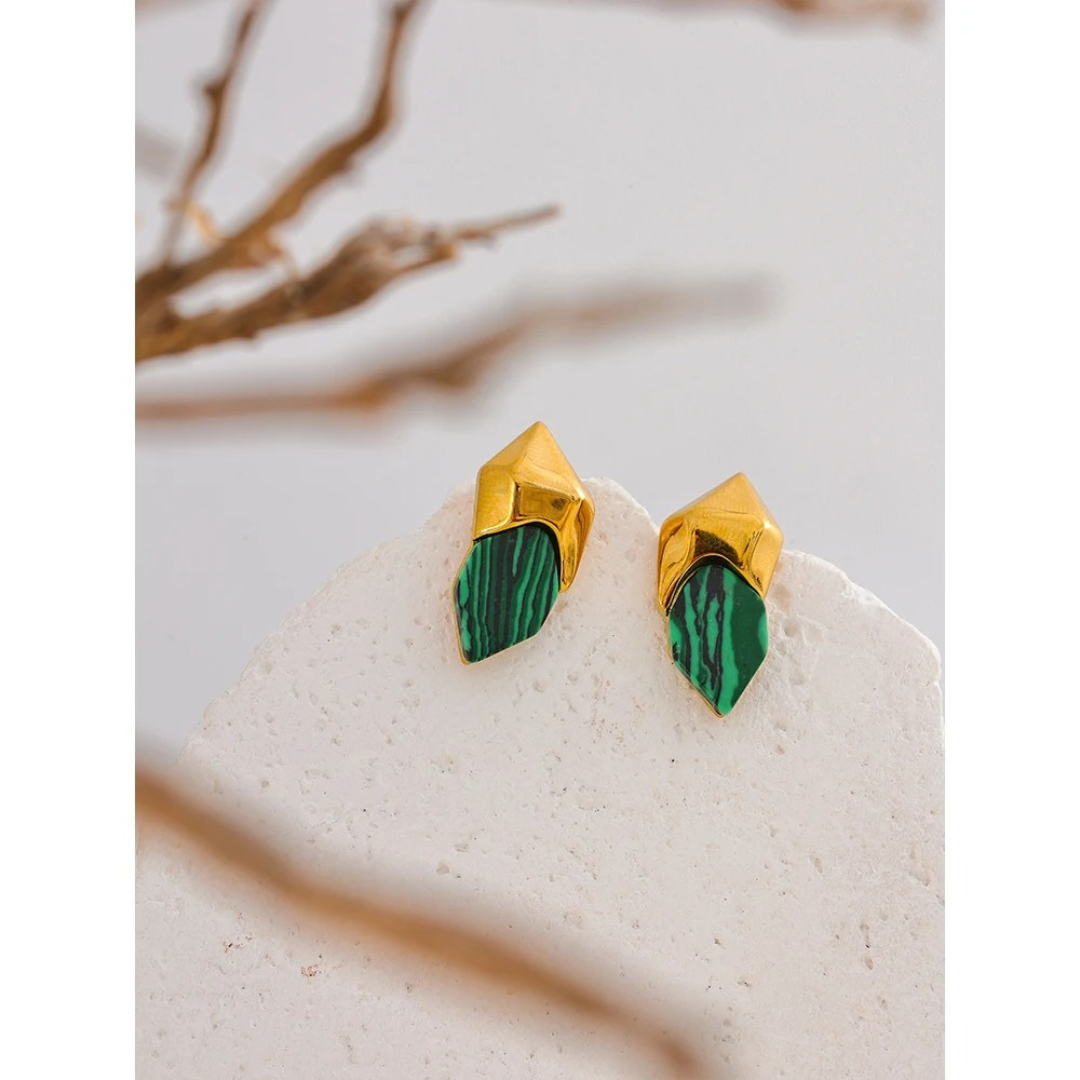 Geometric Malachite Gold Earrings